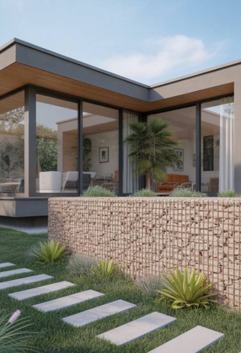 Intégrer un mur en gabion dans le jardin d’une maison cubique : alliance entre minéralité et esthétisme moderne