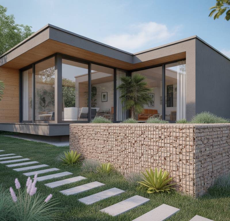 Intégrer un mur en gabion dans le jardin d’une maison cubique : alliance entre minéralité et esthétisme moderne