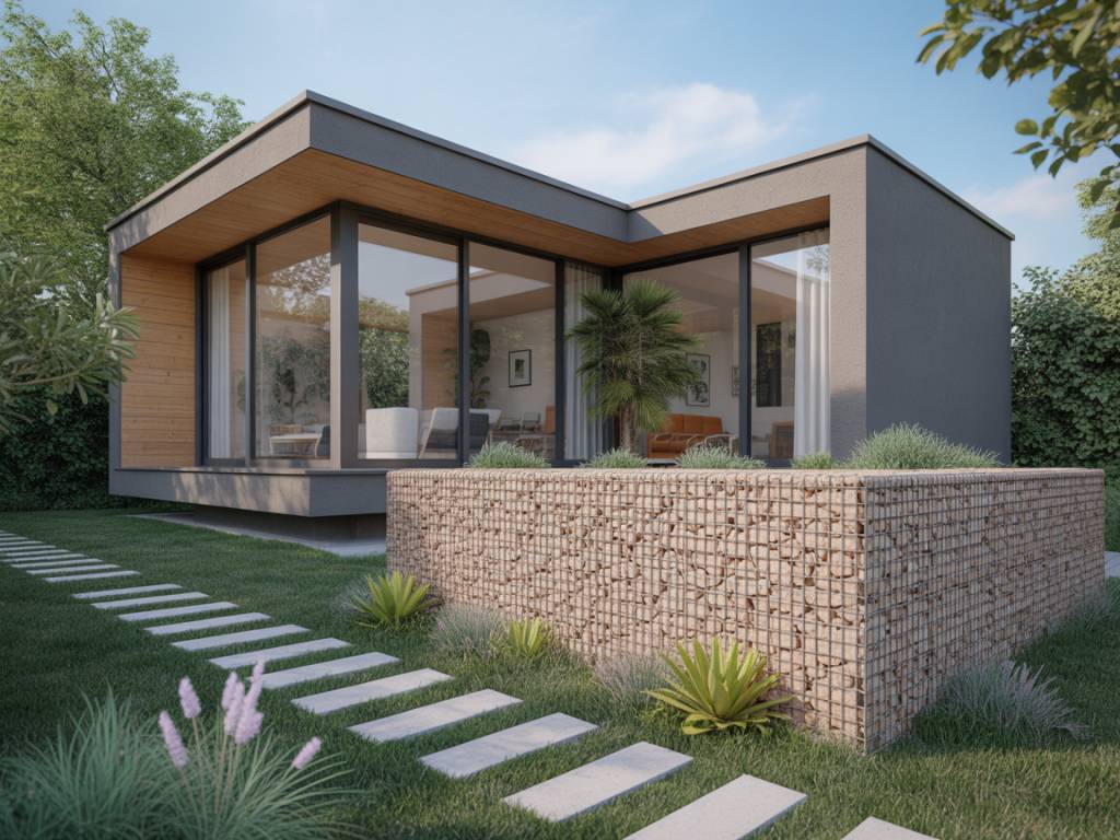 Intégrer un mur en gabion dans le jardin d’une maison cubique : alliance entre minéralité et esthétisme moderne
